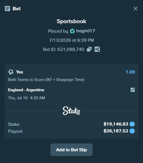 Bet slip: England - Argentina, $19,146.83 stake at 1.89 odds, placed by hagrid17