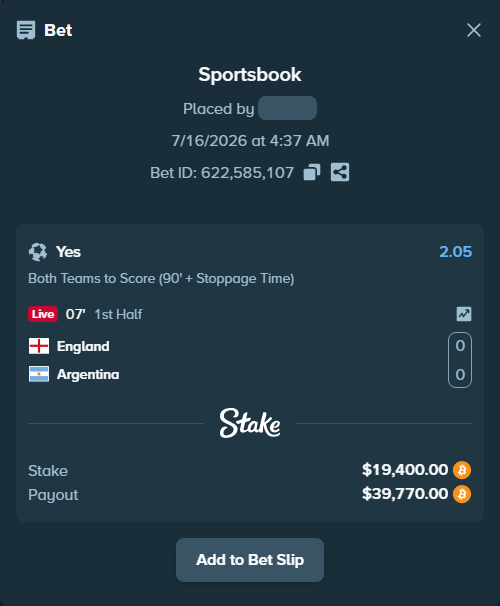 Bet slip: England - Argentina, $19,229.92 stake at 2.05 odds, placed by Tonyj69