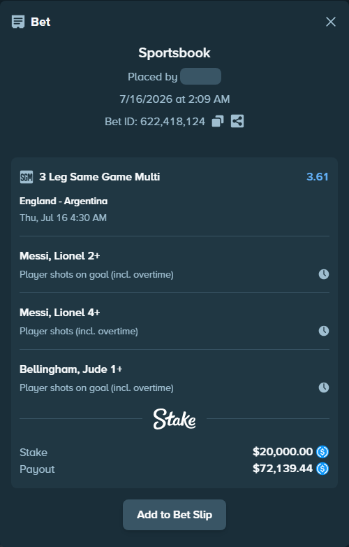 Bet slip: England - Argentina, $20,000.00 stake at 1.87 odds, placed by TeslaKesla22