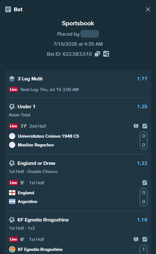 Bet slip: England - Argentina, $20,000.00 stake at 1.22 odds, placed by Jephthah2