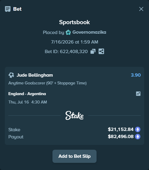 Bet slip: England - Argentina, $20,974.69 stake at 3.90 odds, placed by Governomazika