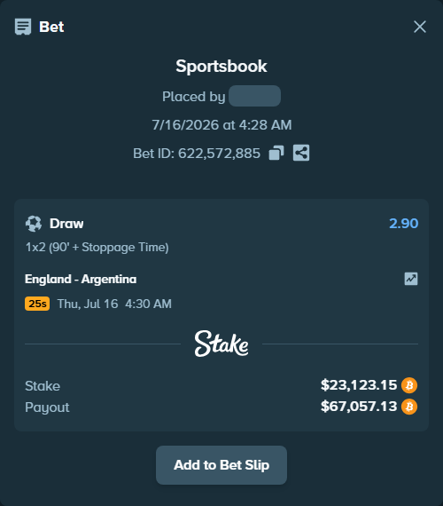 Bet slip: England - Argentina, $22,920.42 stake at 2.90 odds, placed by ArvaPandaM