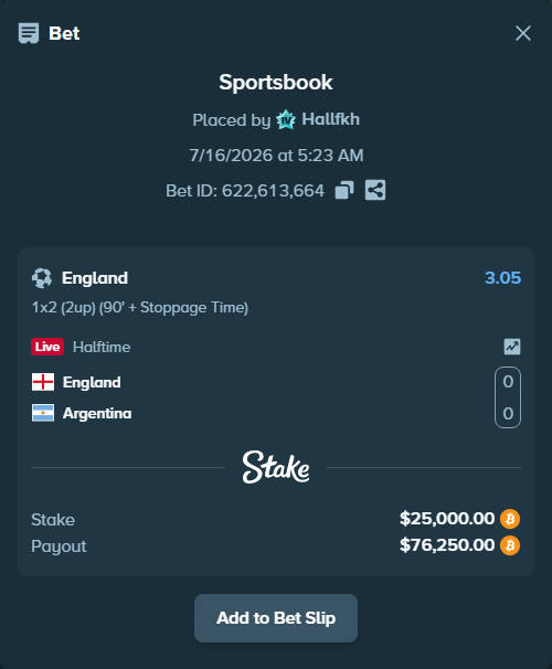 Bet slip: England - Argentina, $24,764.74 stake at 3.05 odds, placed by Hallfkh