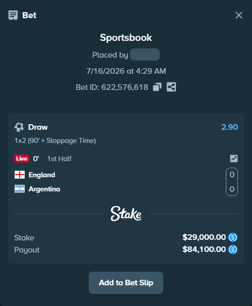 Bet slip: England - Argentina, $29,000.00 stake at 2.90 odds, placed by TommyB74