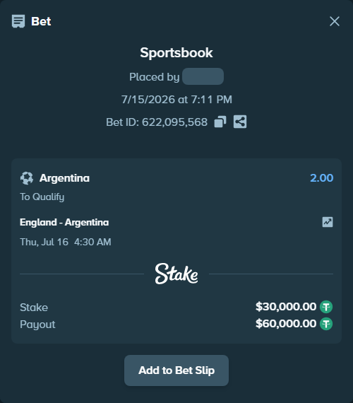 Bet slip: England - Argentina, $30,030.00 stake at 2.00 odds, placed by Rosspicks