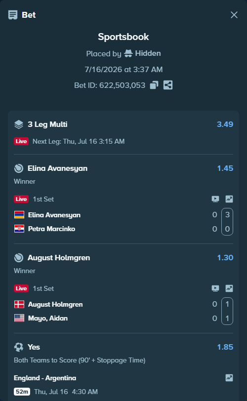 Bet slip: England - Argentina, $31,320.00 stake at 1.85 odds, placed by Hidden