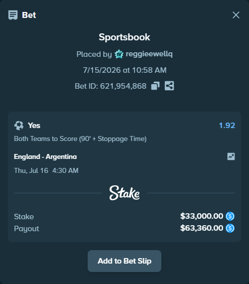 Bet slip: England - Argentina, $33,000.00 stake at 1.92 odds, placed by reggieewellq