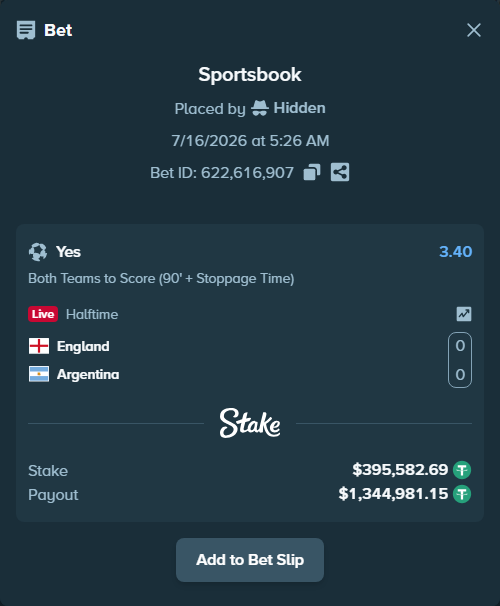 Bet slip: England - Argentina, $395,582.69 stake at 3.40 odds, placed by Hidden