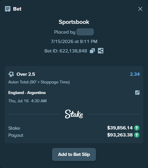 Bet slip: England - Argentina, $39,896.00 stake at 2.34 odds, placed by stevenkhoury