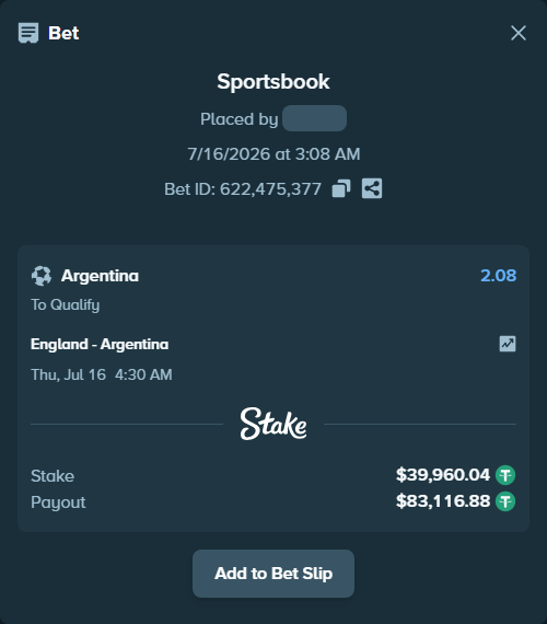 Bet slip: England - Argentina, $40,000.00 stake at 2.08 odds, placed by Bludnya