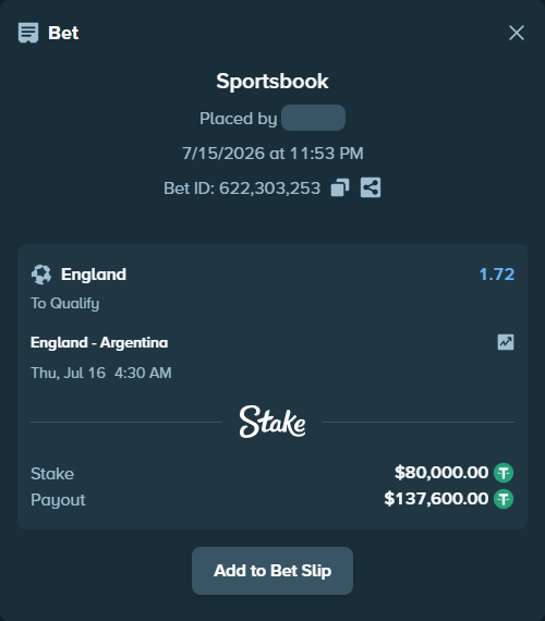 Bet slip: England - Argentina, $80,080.00 stake at 1.72 odds, placed by Zumbus93