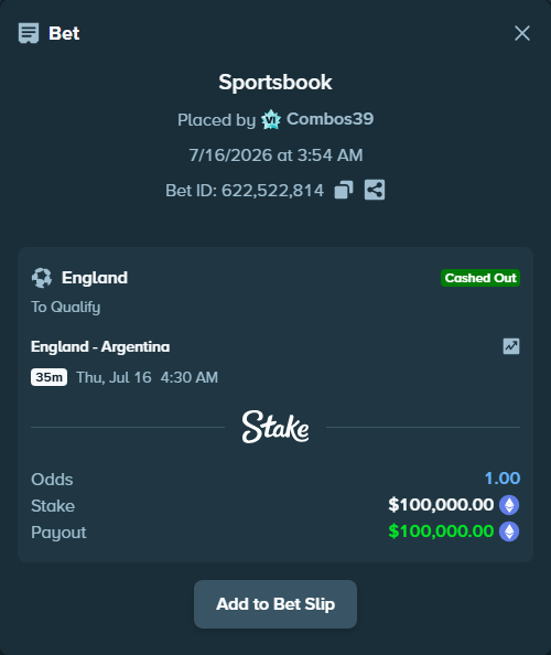 Bet slip: England - Argentina, $98,358.73 stake at 1.72 odds, placed by Combos39