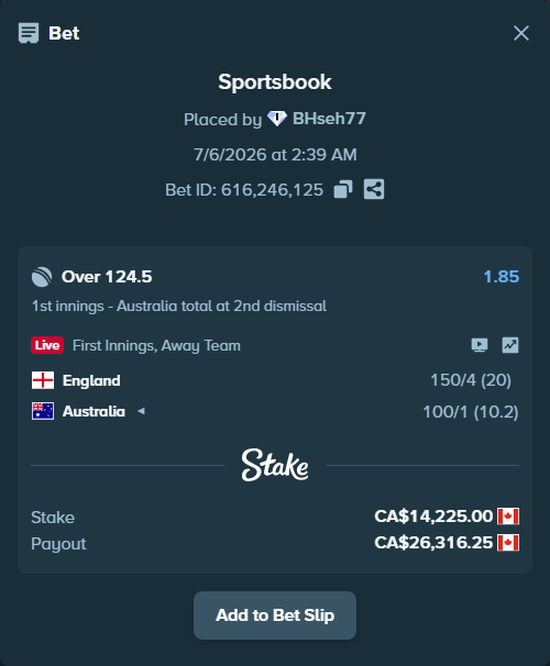 Bet slip: England - Australia, $10,526.50 stake at 1.85 odds, placed by BHseh77
