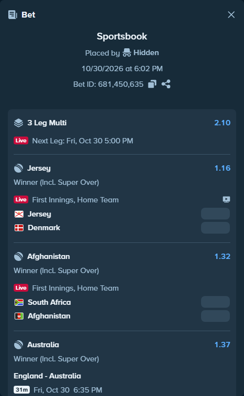 Bet slip: England - Australia, $11,500.00 stake at 1.37 odds, placed by Robel345345