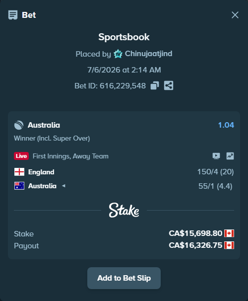 Bet slip: England - Australia, $11,617.11 stake at 1.04 odds, placed by Chinujaatjind