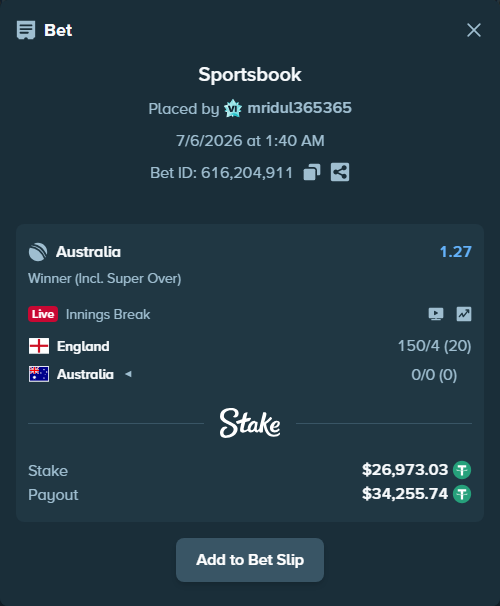 Bet slip: England - Australia, $27,000.00 stake at 1.27 odds, placed by mridul365365