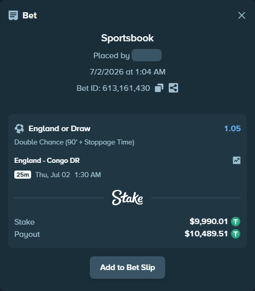 Bet slip: England - Congo DR, $10,000.00 stake at 1.05 odds, placed by criscas85