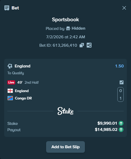 Bet slip: England - Congo DR, $10,000.00 stake at 1.50 odds, placed by Hidden