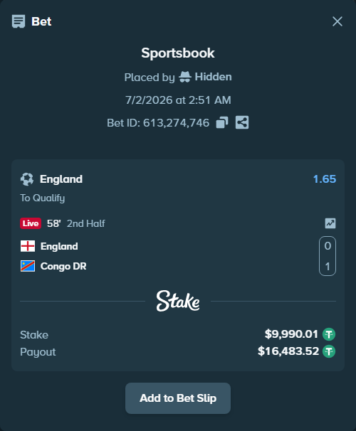 Bet slip: England - Congo DR, $10,000.00 stake at 1.65 odds, placed by Hidden