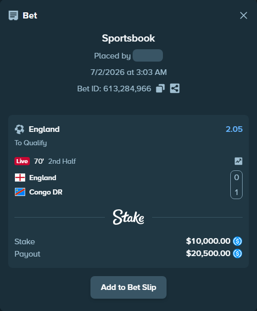 Bet slip: England - Congo DR, $10,000.00 stake at 2.05 odds, placed by Robing001