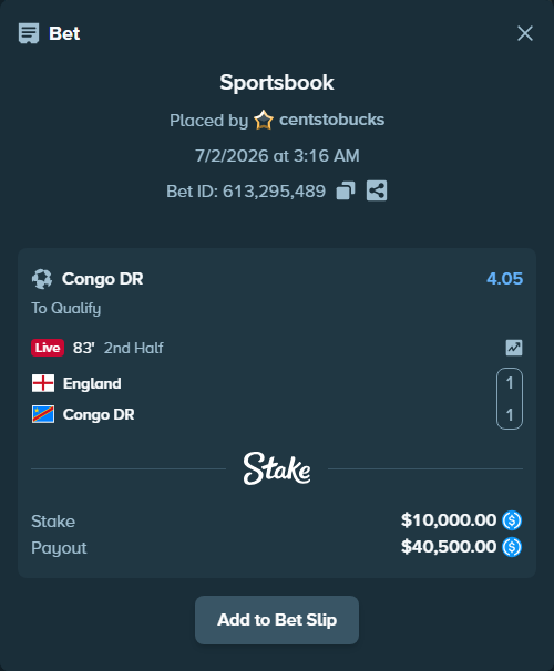 Bet slip: England - Congo DR, $10,000.00 stake at 4.05 odds, placed by centstobucks