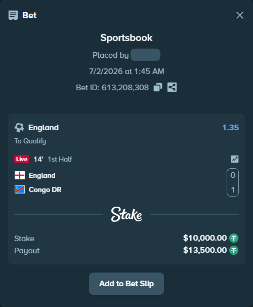 Bet slip: England - Congo DR, $10,010.00 stake at 1.35 odds, placed by Marstokk