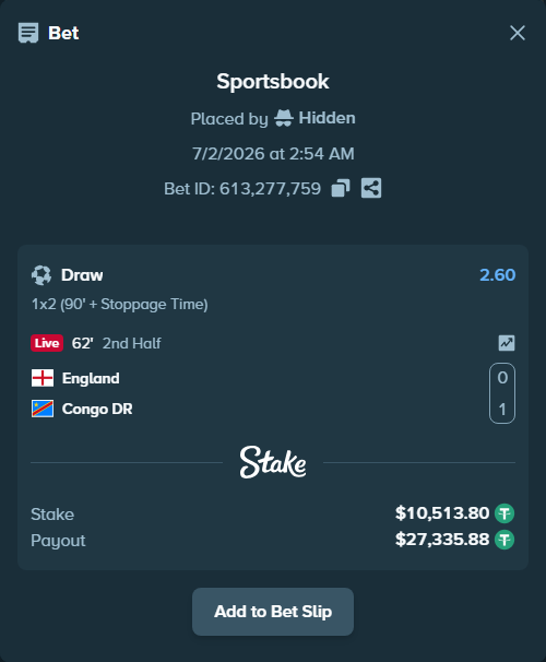 Bet slip: England - Congo DR, $10,524.31 stake at 2.60 odds, placed by Hidden