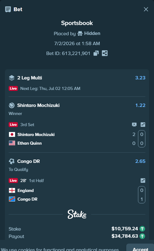Bet slip: England - Congo DR, $10,770.00 stake at 2.65 odds, placed by Hidden