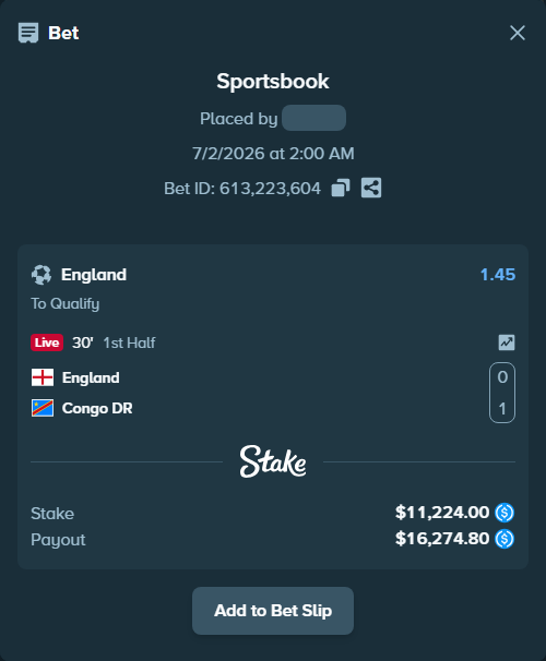 Bet slip: England - Congo DR, $11,224.00 stake at 1.45 odds, placed by TeslaKesla22