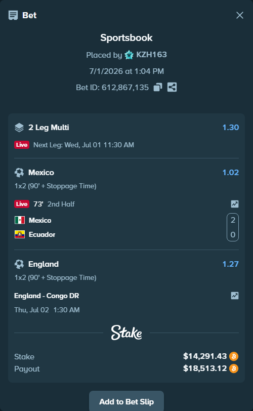 Bet slip: England - Congo DR, $15,271.62 stake at 1.27 odds, placed by KZH163