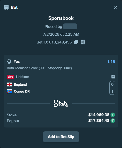 Bet slip: England - Congo DR, $14,984.35 stake at 1.16 odds, placed by Jackpoor