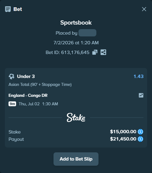 Bet slip: England - Congo DR, $15,000.00 stake at 1.43 odds, placed by OC448