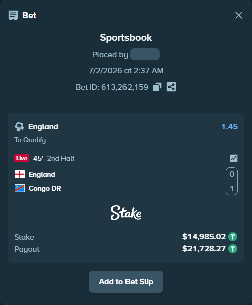 Bet slip: England - Congo DR, $15,000.00 stake at 1.45 odds, placed by Adnanejoker