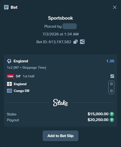 Bet slip: England - Congo DR, $15,015.00 stake at 1.35 odds, placed by mathiasjuel
