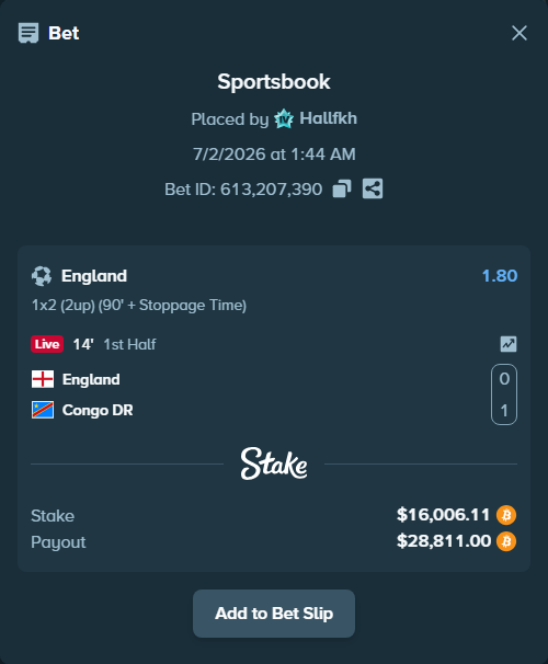 Bet slip: England - Congo DR, $17,142.46 stake at 1.80 odds, placed by Hallfkh