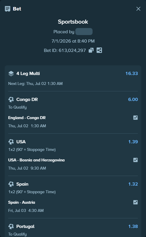 Bet slip: England - Congo DR, $19,373.68 stake at 6.00 odds, placed by gemcabal