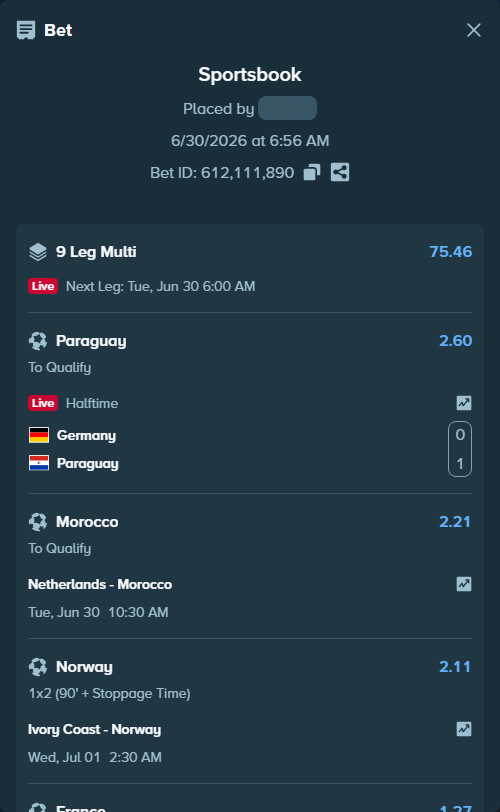 Bet slip: England - Congo DR, $19,116.40 stake at 1.27 odds, placed by gemcabal