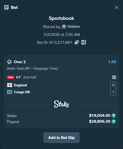 Bet slip: England - Congo DR, $18,022.00 stake at 1.60 odds, placed by Hidden