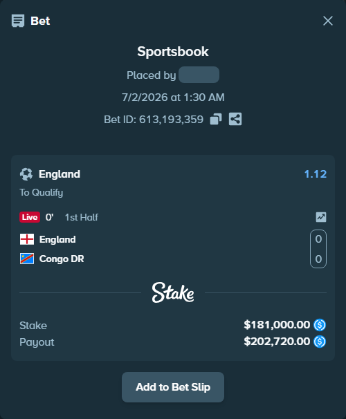 Bet slip: England - Congo DR, $181,000.00 stake at 1.12 odds, placed by kievpanda
