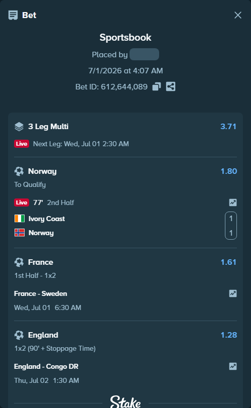 Bet slip: England - Congo DR, $18,916.00 stake at 1.28 odds, placed by ArdianHertica