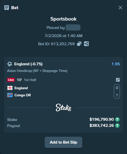 Bet slip: England - Congo DR, $196,987.69 stake at 1.95 odds, placed by dabgang