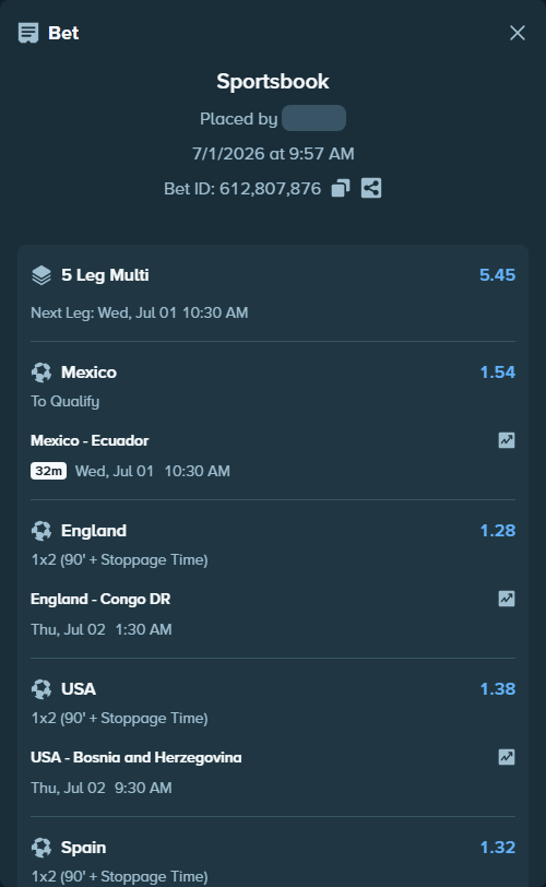 Bet slip: England - Congo DR, $228,069.01 stake at 1.28 odds, placed by gemcabal