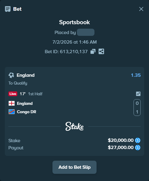 Bet slip: England - Congo DR, $20,000.00 stake at 1.35 odds, placed by Heidislay