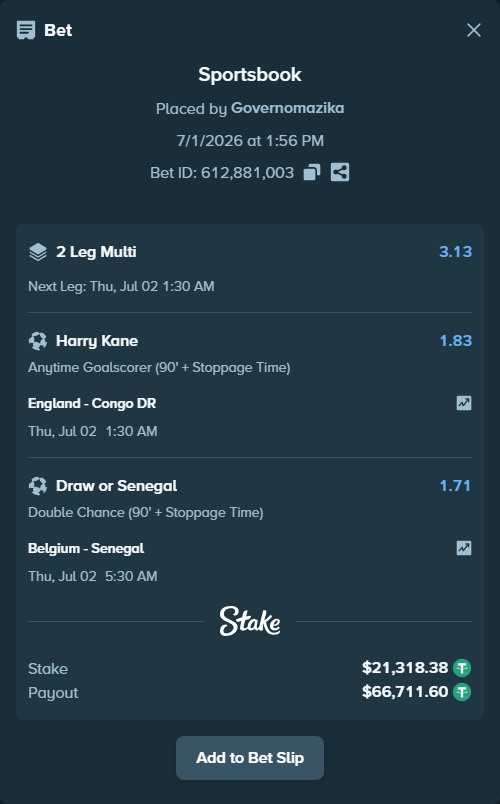 Bet slip: England - Congo DR, $21,339.70 stake at 1.83 odds, placed by Governomazika