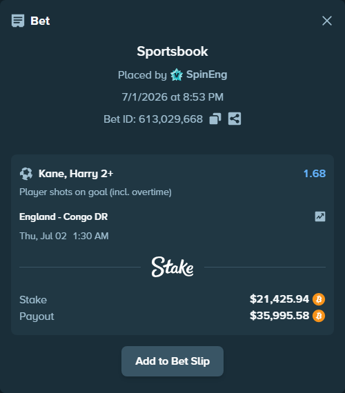 Bet slip: England - Congo DR, $23,498.35 stake at 1.68 odds, placed by SpinEng