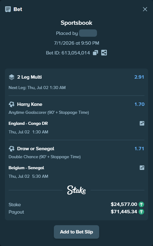 Bet slip: England - Congo DR, $24,601.58 stake at 1.70 odds, placed by Governomazika
