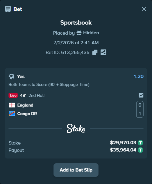 Bet slip: England - Congo DR, $30,000.00 stake at 1.20 odds, placed by Hidden