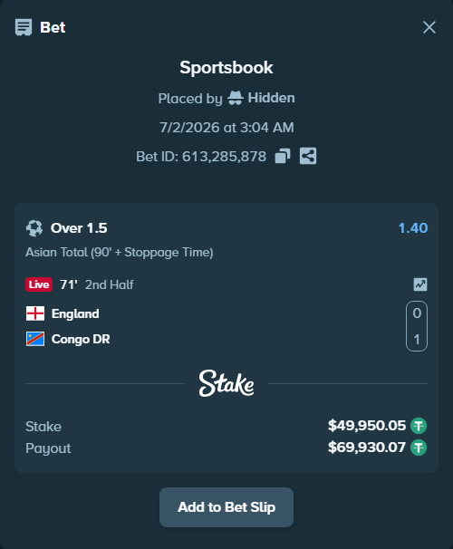 Bet slip: England - Congo DR, $50,000.00 stake at 1.40 odds, placed by Hidden