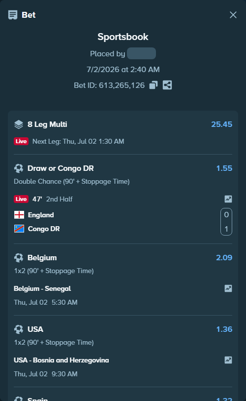 Bet slip: England - Congo DR, $55,392.01 stake at 1.55 odds, placed by gemcabal
