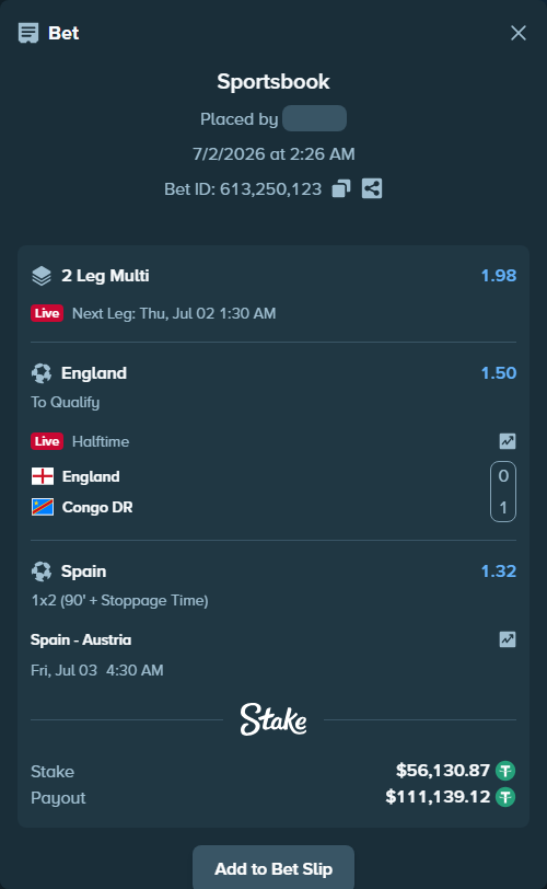 Bet slip: England - Congo DR, $56,187.00 stake at 1.50 odds, placed by ArdianHertica
